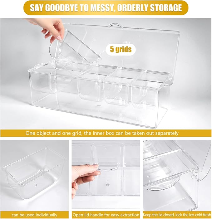 Condiment Tray with Stainless Steel 5 Spoons, 5 Forks and 1 Clip, Chilled Condiment Server, Condiment Server, Bar Garnish Holder on Ice, Bar Accessories Fruit and Salad with Removable Trays and Lid