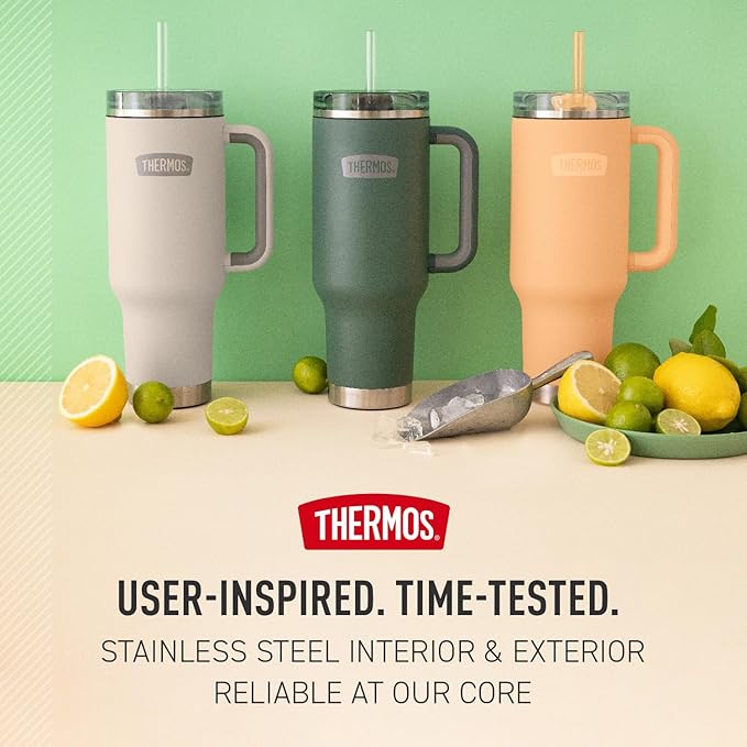 THERMOS 40 oz Stainless Steel Cupholder Mug w/Straw - White