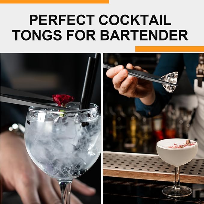 Yaomiao 4 Packs 8 Inch Bar Tweezers Black Cocktail Tongs Long Garnish Tweezers Stainless Steel Bartender Kitchen Cooking Tongs for Cocktail Food Fruit Korean BBQ Bartender Chef, Multi-use