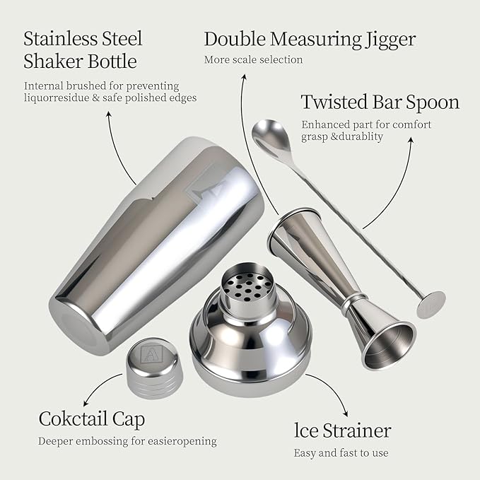 24oz Cocktail Shaker Set with 1 oz 2oz Jigger - Monogramm Initials Martini Shaker Set - 304 Stainless Steel Bar Shaker for Margarita,Mojito-Personalized Gift for Friend,Husband-N