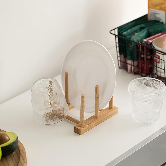 Basicwise Set of 2 Bamboo Wooden Dish Drainer Rack, Plate Rack, and Drying Drainer (2 Grid) (QI004355B.2)