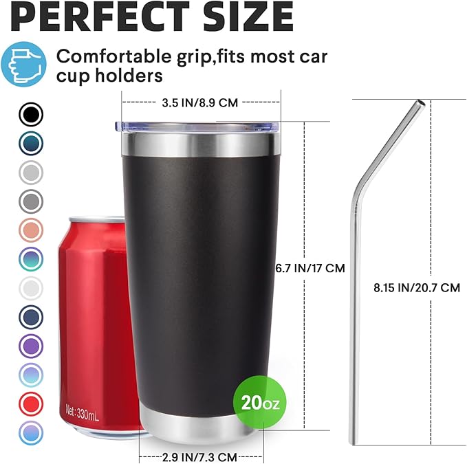 Volhoply 20oz Stainless Steel Tumbler with Lid and Straw Bulk 8 Pack,Double Wall Insulated Travel Iced Coffee Mug Fits Cup Holder,Powder Coated Cups for Hot/Cold Drinks,Christmas Gifts（Mix,8 Set）