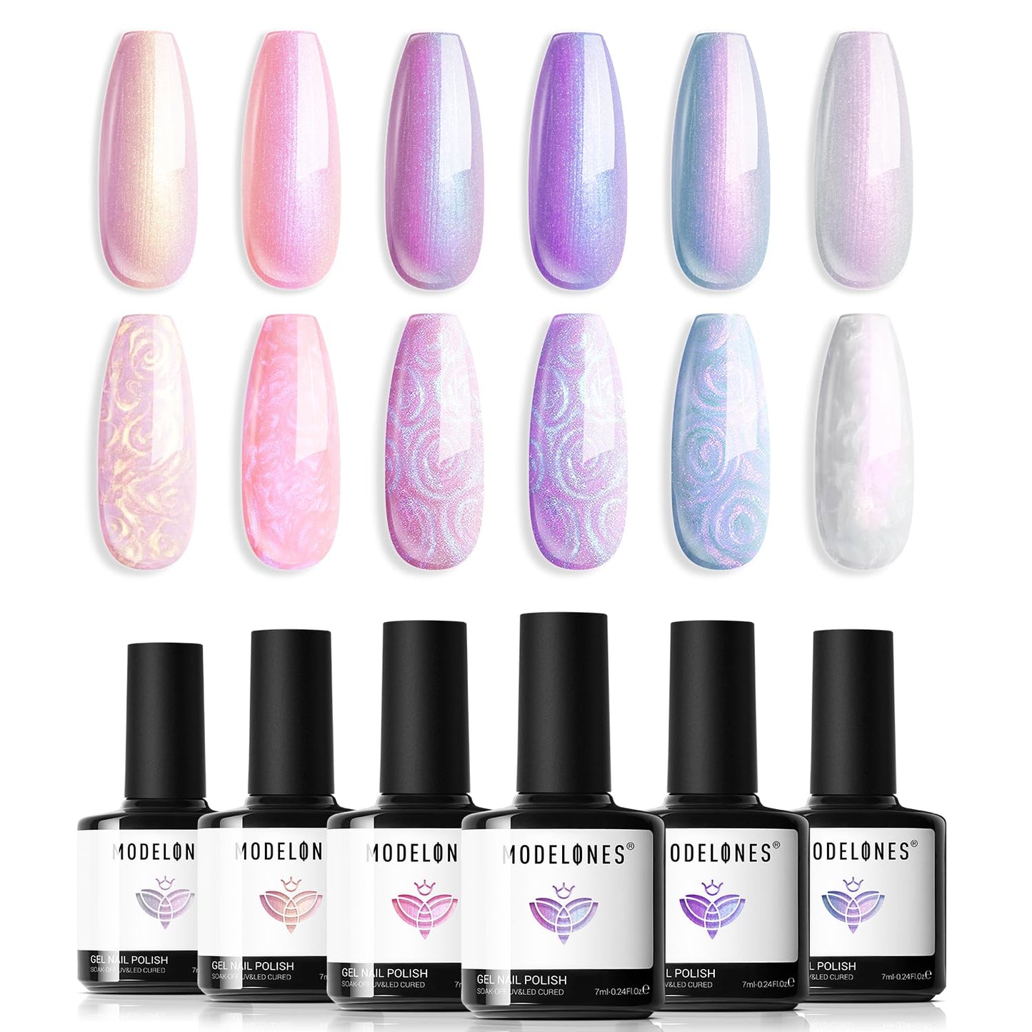 modelones Gel Nail Polish, 6 Colors Shimmer Pearl White Pink Purple Mermaid Nail Drawing Glitter Gel Polish Soak Off Led Nail Gel Polish Swirl Shell Thread Effect DIY Mani Gift with Dotting Pen