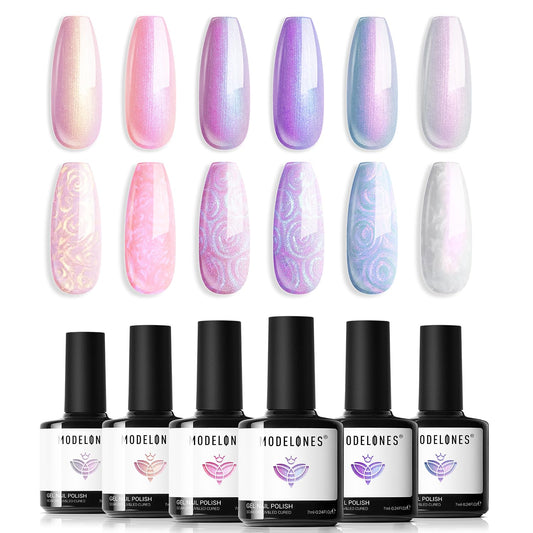 modelones Gel Nail Polish, 6 Colors Shimmer Pearl White Pink Purple Mermaid Nail Drawing Glitter Gel Polish Soak Off Led Nail Gel Polish Swirl Shell Thread Effect DIY Mani Gift with Dotting Pen