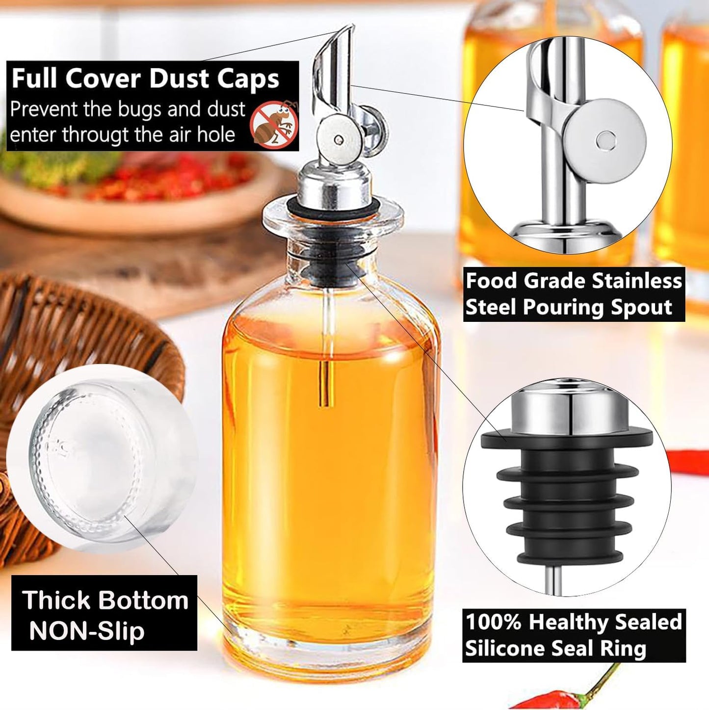 Pafusen 6 Pack Auto Flip Olive Oil Dispenser, Liquor Pour Spout, Oil Dispenser for Kitchen, Easily Turn Your Bottles into Dispensers for Liquor, Vinegar, Coffee Syrup or Oils, Weighted Pourer, Silvers