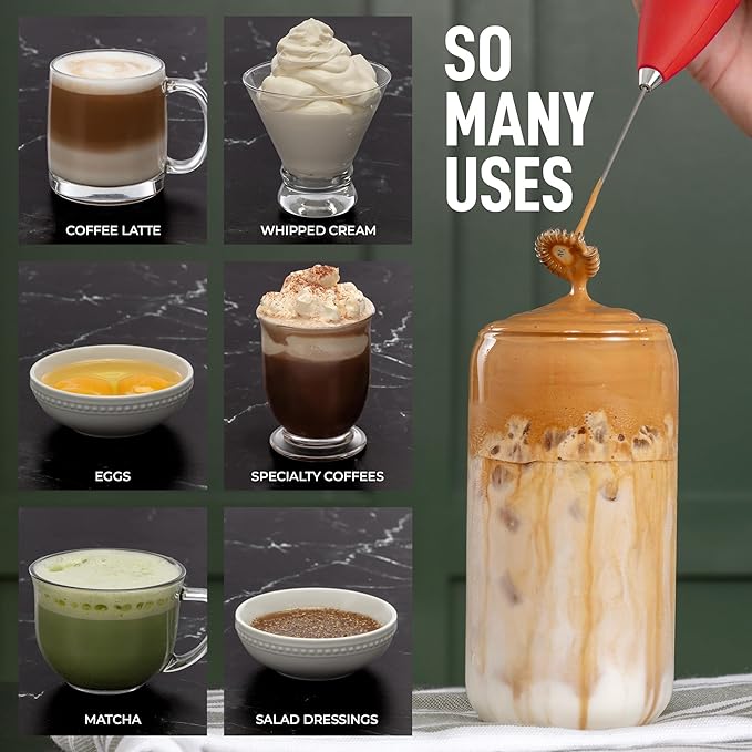 Zulay Powerful Milk Frother for Coffee with Powerful Motor - Handheld Frother Electric Whisk, Milk Foamer, Mini Mixer & Coffee Blender Frother for Frappe, Latte, Matcha, No Stand - Red
