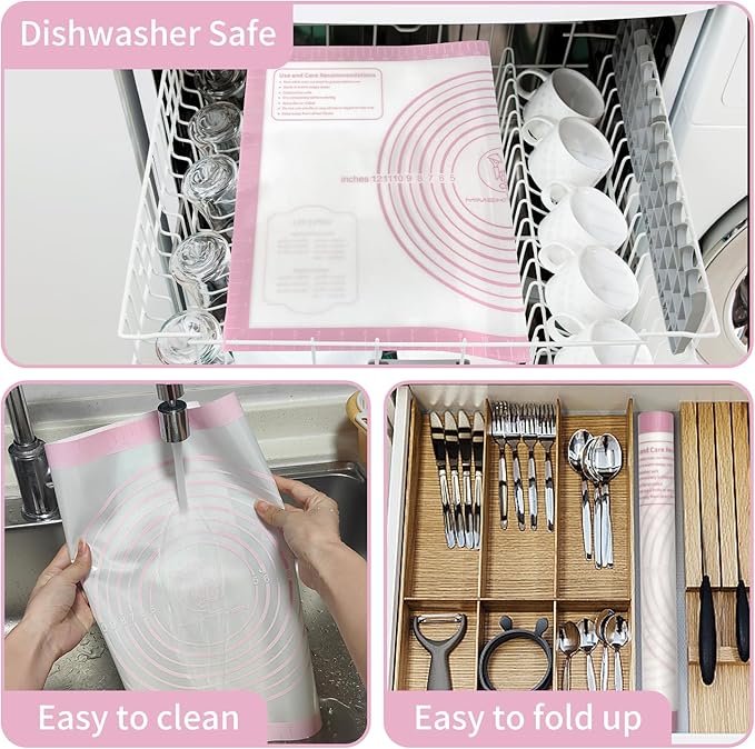 Silicone Pastry Mat for Dough Rolling, Extra Large Silicone Baking Mat with Measurements, Baking sheet for Cookies Fondant Pie Crust, Pink 28X20 INCH