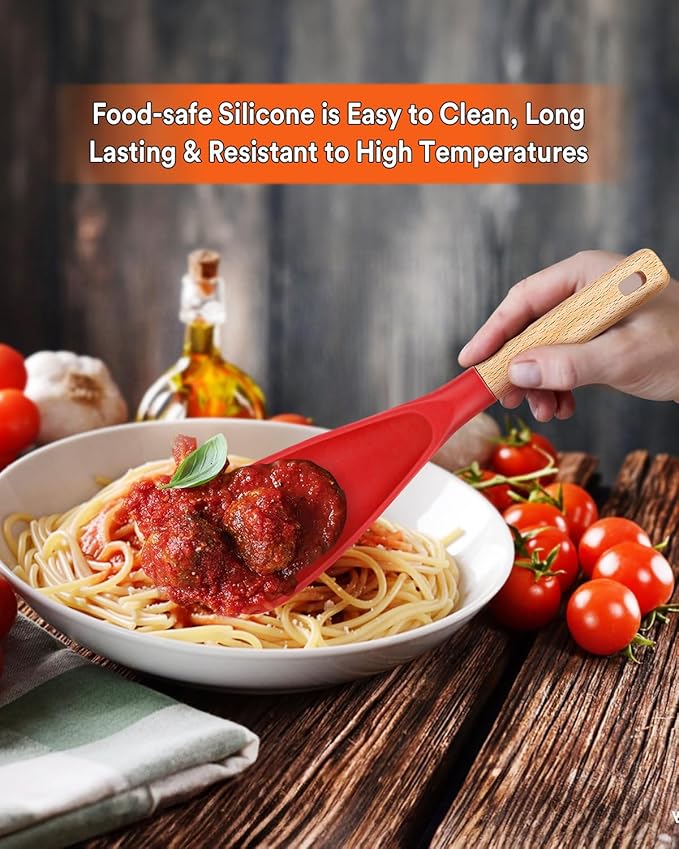 Cooking Spoon for Nonstick Cookwares, Great for Cooking and Serving Sturdy BPA-Free Matte Silicone, Wood Handle Spoon for Mixing, Scoop, and Scrape (Black & Red, 11.4 inch)