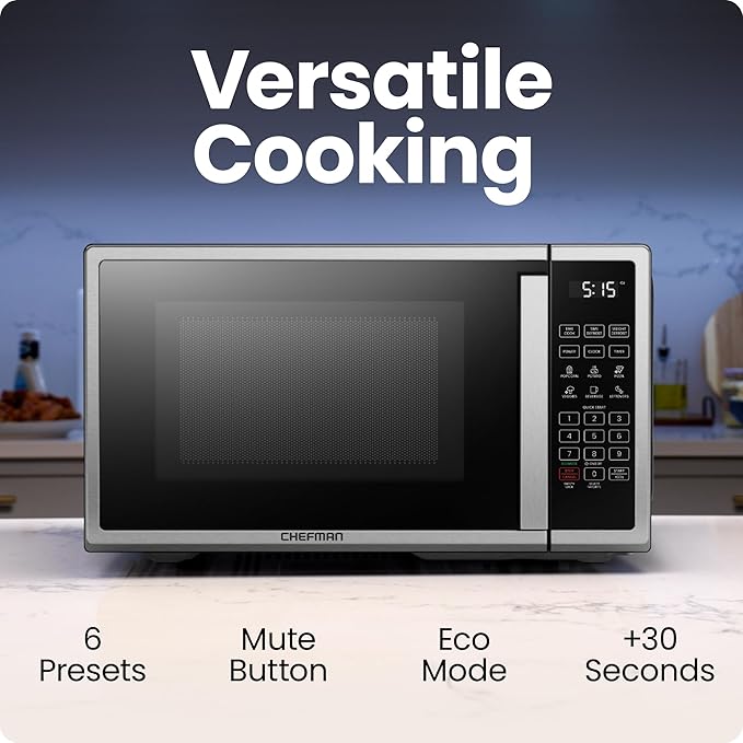 Chefman Countertop Microwave Oven 0.7 Cu. Ft. Digital Stainless Steel Microwave 700 Watts with 6 Auto Menus, 10 Power Levels, Eco Mode, Memory, Mute Function, Child Safety Lock, Easy Clean