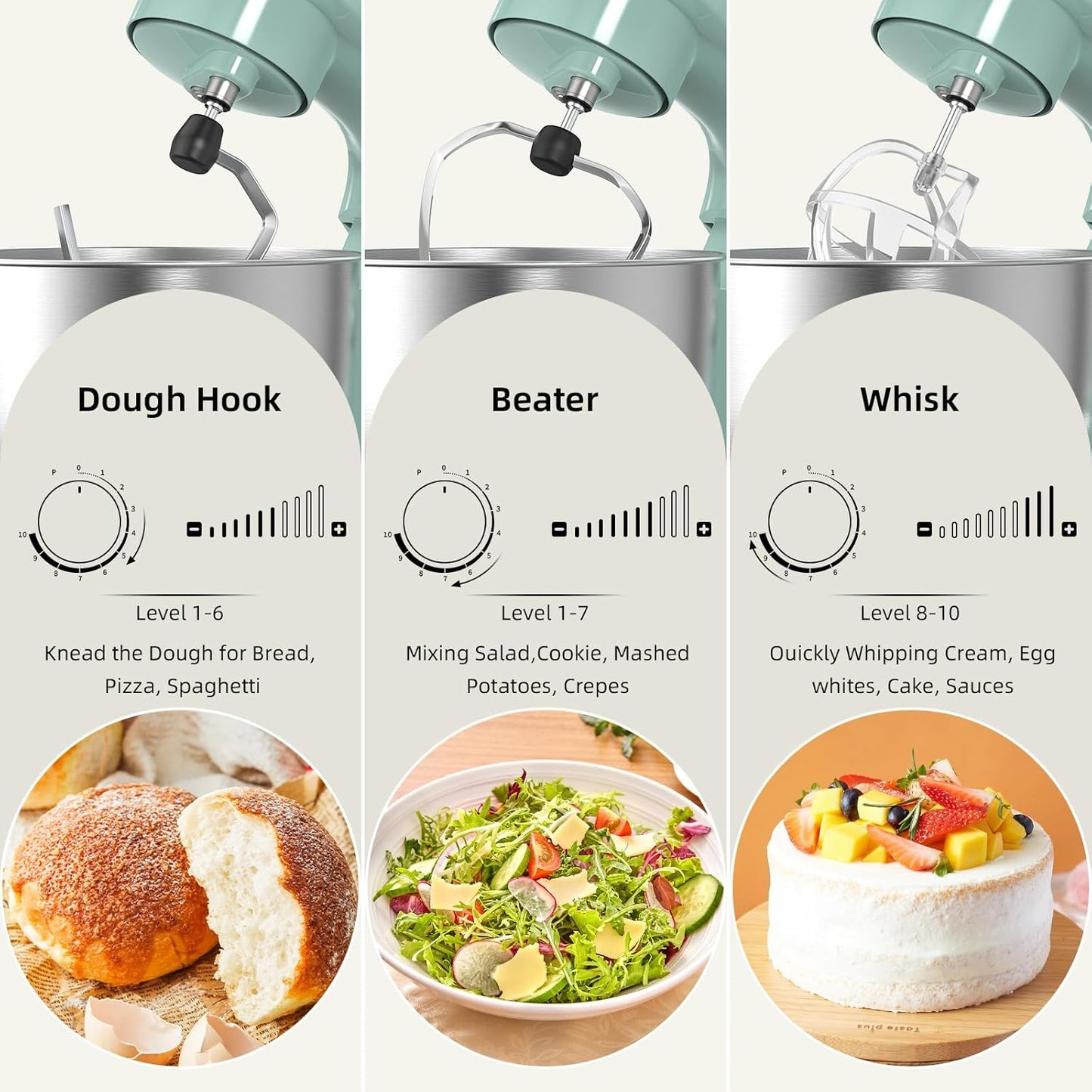 Electric Stand Mixer,10 Speeds 660W Tilt-Head Food Mixer, 3-IN-1 Kitchen Mixer for Daily Cooks with 6.5 QT Bowl,Dough Hook, Beater, Whisk (Agave Green)