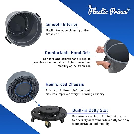 PLASTIC PRINCE 44 Gallon Round Trash Can Garbage Can Gray Waste Container for Home Garage Restaurants Warehouses