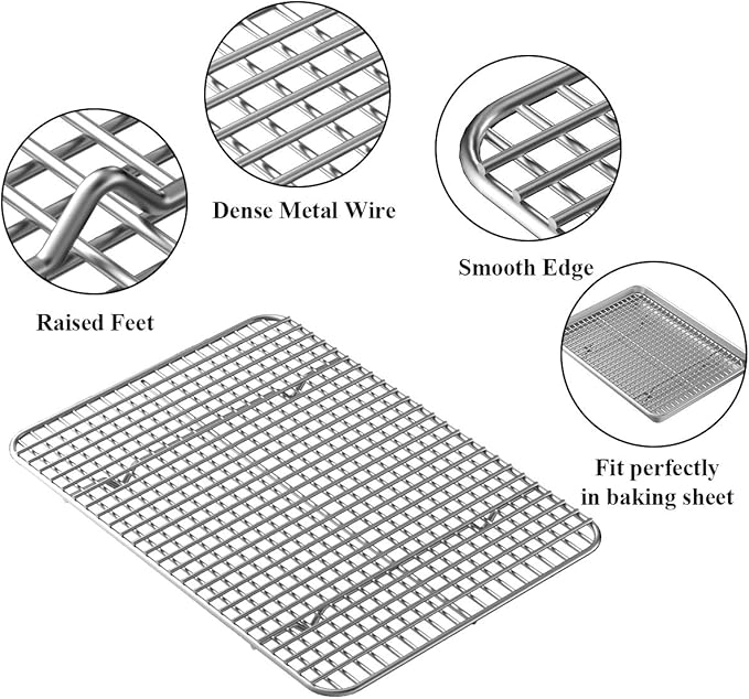Baking Sheet with Rack Set [2 Pans + 2 Racks], Wildone Stainless Steel Cookie Sheet Baking Pan Tray with Cooling Rack, Size 12 x 10 x 1 Inch, Non Toxic & Heavy Duty & Easy Clean