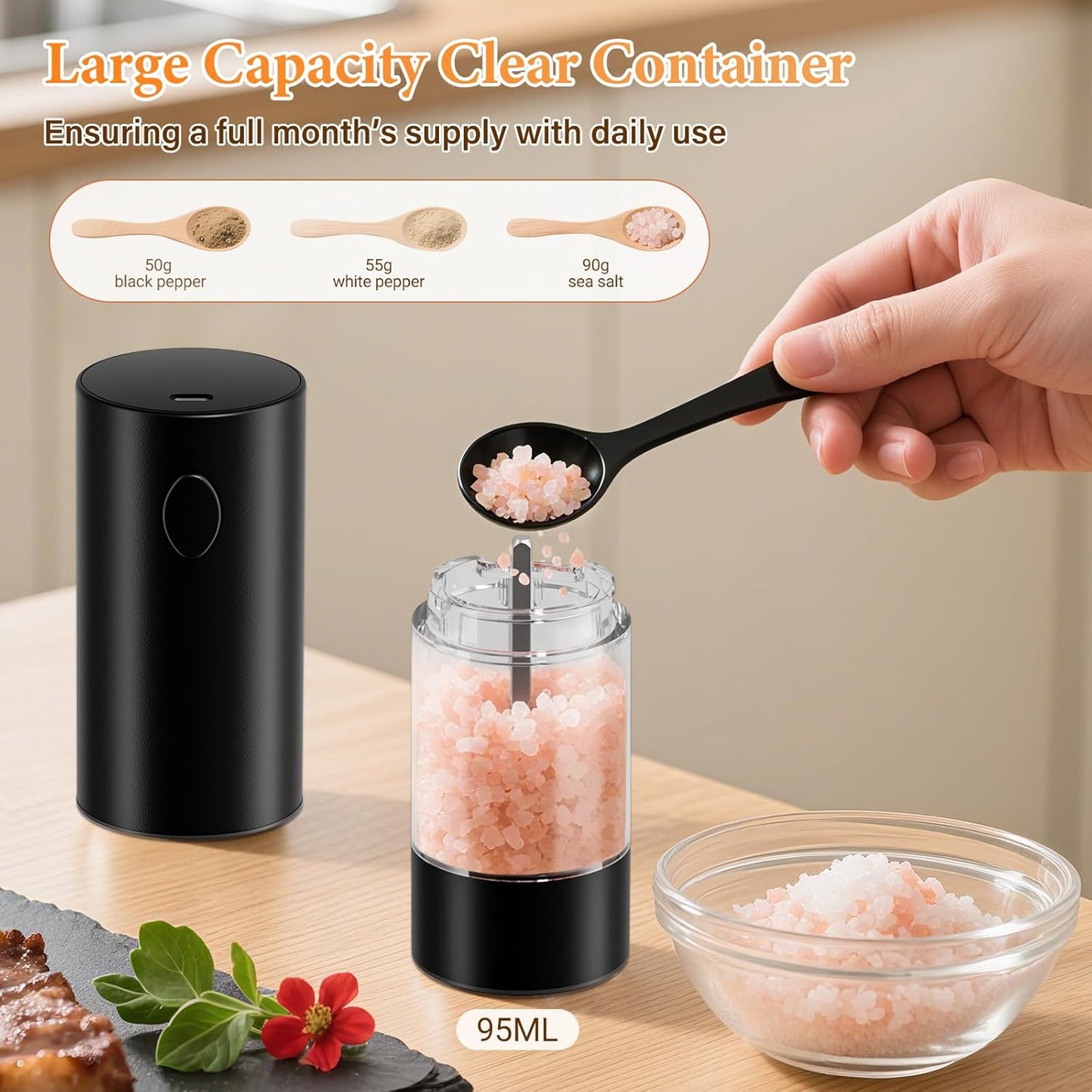 WOWBOX Electric Salt and Pepper Grinder Set 2 PCS, Automatic Coarseness, Rechargeable Salt and Pepper Shakers, Large Capacity Multifunctional, for Kitchen, Restaurant, Outdoor, BBQ (Black & White)