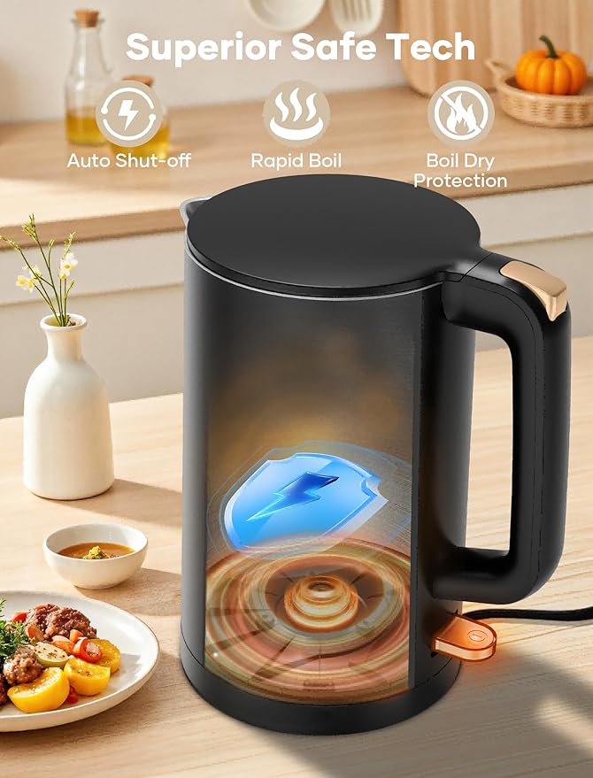 Electric Kettle, Double Wall 1.7L Stainless Steel Cool Touch, Water Boiler & Heater, 1500W Hot Tea Pot, Boil Dry Protection & Cordless Base, BPA-Free, Black Gold