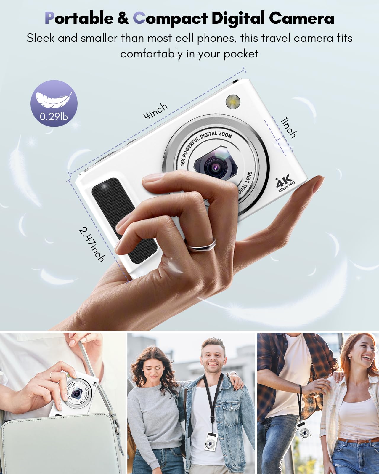 4K Digital Camera, 48MP Autofocus Cameras for Photography,Vlogging Compact Camera with Front and Rear Camera, 16X Zoom Protable Point and Shoot Cameras with 32GB SD Card,Anti-Shake,2 Batteries