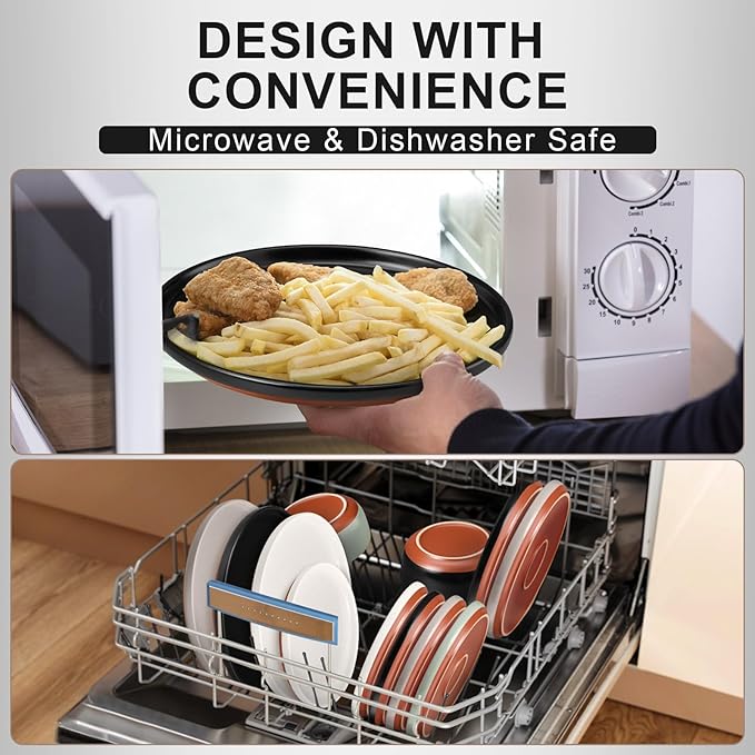 E-far 24-Piece Stoneware Plates and Bowls Sets, Dinnerware Sets for 8, Ceramic Dishware Dishes Set with Terracotta Base, Chip & Scratch Resistant, Microwave & Dishwasher Safe, Matte Black