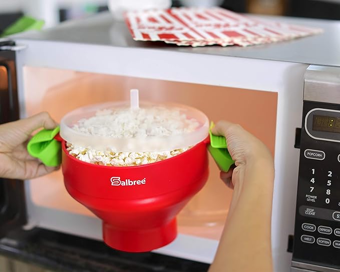 The Original Salbree Collapsible Silicone Microwave Popcorn Popper Maker Machine, Microwavable Bowl Holds 16 Cups, Uses Hot Air and Oil Always Optional - The Most Colors Available (Red)