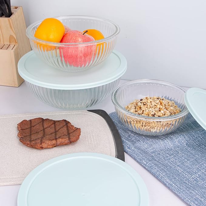 Luvan Glass Mixing Bowls with Lids Set(3.7QT, 2.1QT, 1.1QT),3PC Glass Nesting Bowl, Large Salad Bowls Sets with lids,Clear Cooking Bowl for Kitchen Prep,Food Storage,Baking,Microwave and Oven Safe