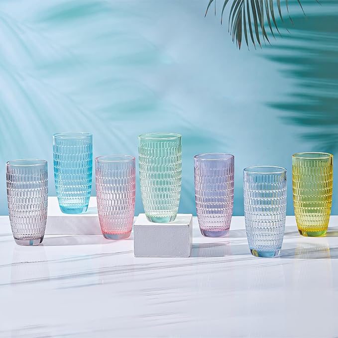 CREATIVELAND Highball Beverage Glasses Set of 6 Romantic Colored Thick & Heavy Base Big Capacity 14.87oz|440ml, Drinking Glass Tumblers for Iced Tea, Water, Soda & Juice and Cocktails (Yellow)