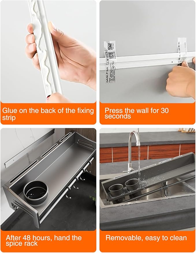 kitchen utensil hanger, wall mounted rail with hooks, waterproof hooks for utensils, easy installation without drilling (31.5 inches, Count, 2)