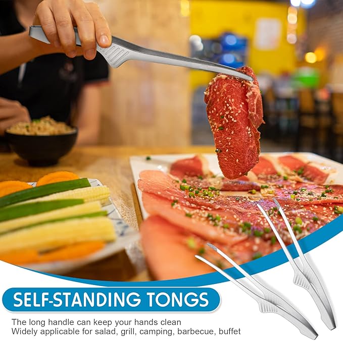 Patelai Korean and Japanese BBQ Tongs Non Slip Cooking Utensils Stainless Steel Tongs for Serving Food, Salad, Camping, Barbecue, Buffet, Oven with Support Stand(Silver,8 Pieces)