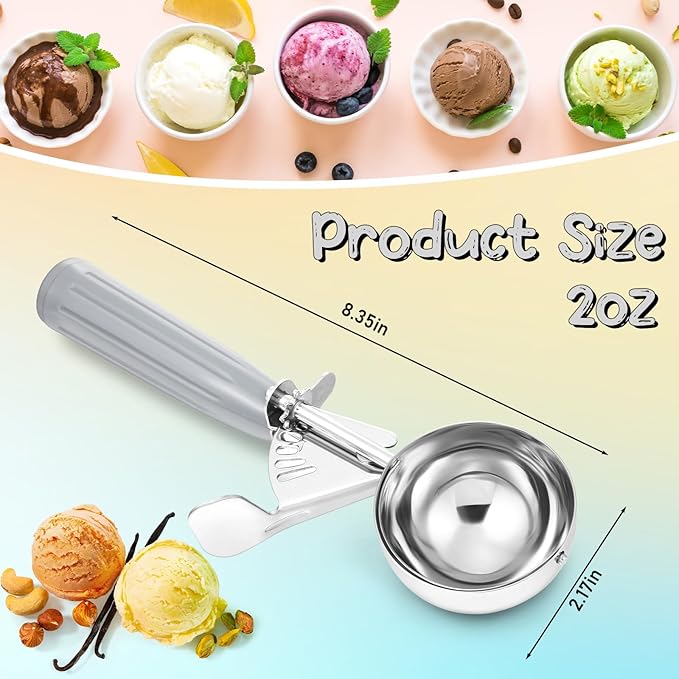 Reallnaive 2 Pcs Release Cookie Scoops Ice Cream Scooper with Trigger Release Portion Scoop Stainless Steel for Portion Control, Baking Food, Cookie Dough (2 oz,Gray)
