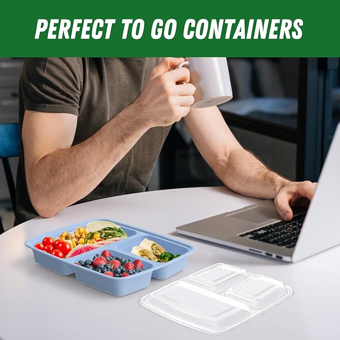 50 Pack (100-Piece) 32 oz Meal Prep Containers Reusable with Lids 3-Compartment, To Go Take Out Plastic Food Storage Containers, Sturdy Leakproof Food Safe, Microwave Freezer Dishwasher Safe, Blue