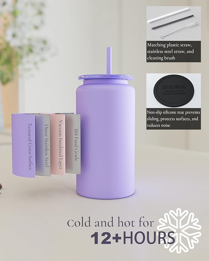 Glass Cups With Lids and Straws, 16oz Stainless Steel Beer and Iced Coffee Cup, Smoothie Drinking Glass, Black (Textured Matte Finish, Not Sublimatable)