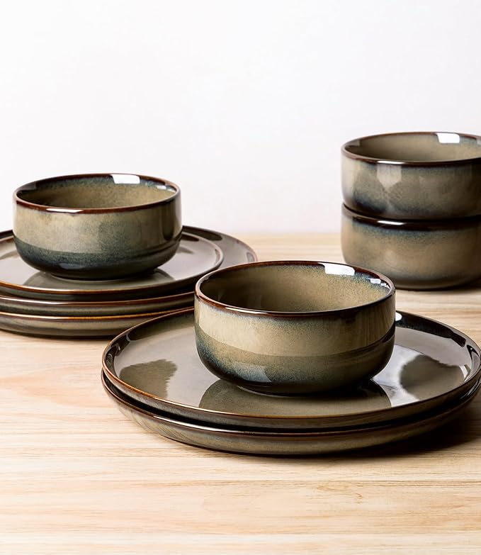 TheTerra Ceramic Dinnerware Sets for 8, 24 Pieces Handmade Reactive Glaze Plates and Bowls Set, Scratch Resistant Dish Set, Oven & Microwave & Dishwasher Safe, Coca Mocha