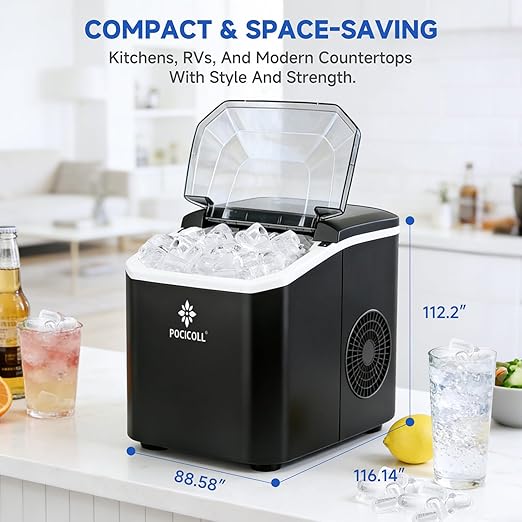 Countertop Ice Maker Machine, 26lbs in 24Hrs, 9 Ice Cubes Ready in 8 Mins, Auto-Cleaning Portable Ice Maker with Basket and Scoop, for Home/Kitchen/Camping/RV (Black)