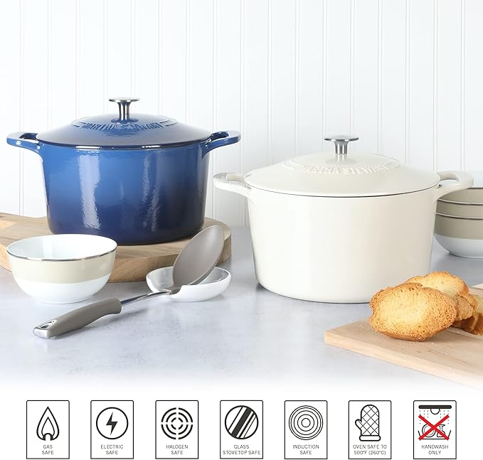 MARTHA STEWART Gatwick 7-Quart Enamel Cast Iron Dutch Oven – Linen Color with Silver Knob – Durable Heavy-Duty Dutch Oven for Slow Cooking and Braising