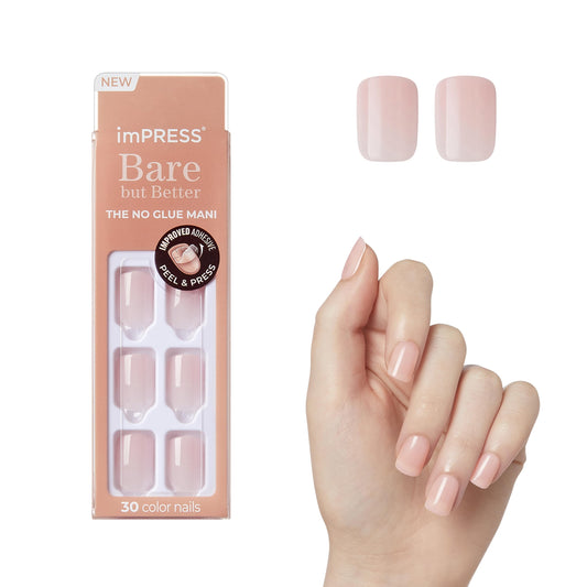 KISS imPRESS No Glue Mani Press-On Nails, Color, 'Instinct', Light Pink, Short Size, Squoval Shape, Includes 30 Nails, Prep Pad, Instructions Sheet, 1 Manicure Stick, 1 Mini File