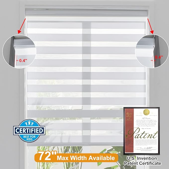 Persilux Custom Size Cordless Zebra Blinds for Windows Free-Stop Roller Windows Shades Dual Layer Light Control for Day and Night, Light Filtering Sheer Shades for Home White