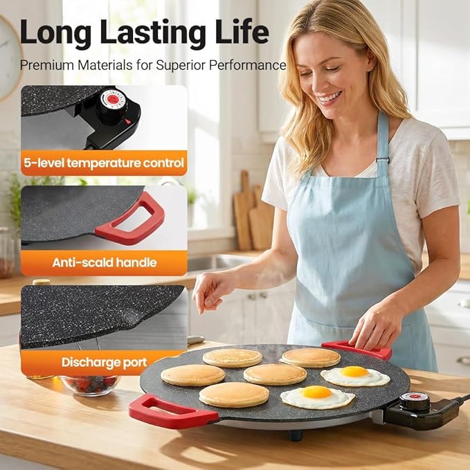 Indoor Smokeless Electric Griddle: 1000W Fast Heating Indoor Grill with 11/14/16" Nonstick Surface, Adjustable Temp Control, Easy to Clean for Steak, Pancake & BBQ (14in)