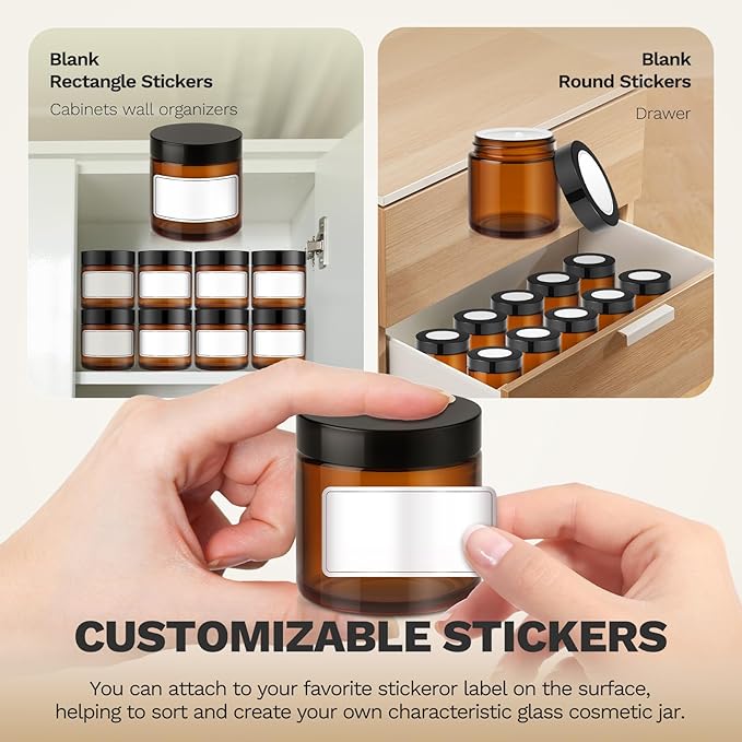Bumobum 48 Pack 4 oz Small Glass Jars with Lids, Amber Glass Lotion Jars with Inner Liners, 120ml Round Refillable Empty Containers with Blank Labels for Cream, Body Scrub, Cosmetic