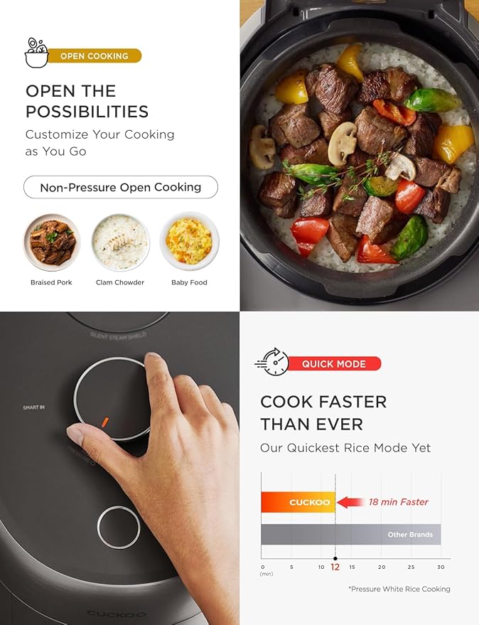 CUCKOO Twin Pressure Rice Cooker 6-Cup Uncooked / 12-Cup Cooked with Induction Heating Technology, Silent Pressure System, Open Cooking Mode, Dynamic Display, Eco Inner Pot, Gray (CRP-PHTR0609FS)