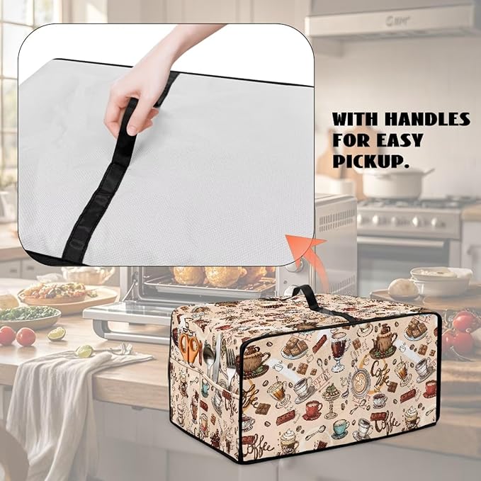 Toaster Oven Dust Cover Small Kitchen Appliance Cover for Countertop Convection Ovens,Small Appliances, M, 16.5 x 20.5 x 10 inches, Coffee Chocolate Print Beige
