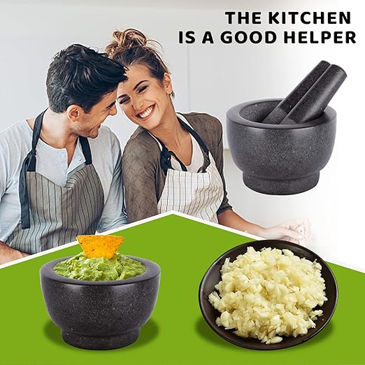 Mortar and Pestle Set,Heavy Duty,Unpolished Granite,6Inch-2Cup Capacity,Grinder for Spices and Seeds,Grinding,Crushing and Mashing Spices,Nuts,for Guacamole,Garlic Sauce,Black..