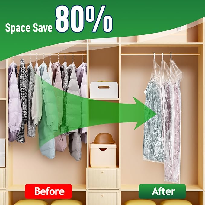 Hanging Vacuum Storage Bags For Clothes With Hand Pump,Coat Storage Bag Hanging,Vacuum Bags For Clothes,Space Saver Vacuum Storage Bags,Garment, Clothing, Dress, Suit, Long Coat, Jacket(Long 6 Pack）