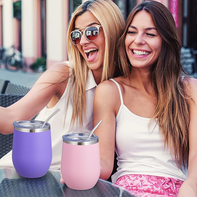 COMOOO Stainless Steel Wine Tumbler Bulk with Lid and Straw 12oz Double Wall Vacuum Insulated Travel Tumbler Cup Stemless for Hot and Cold Drinks, Coffee, Wine, Cocktails (Light Purple, 8 Pack)