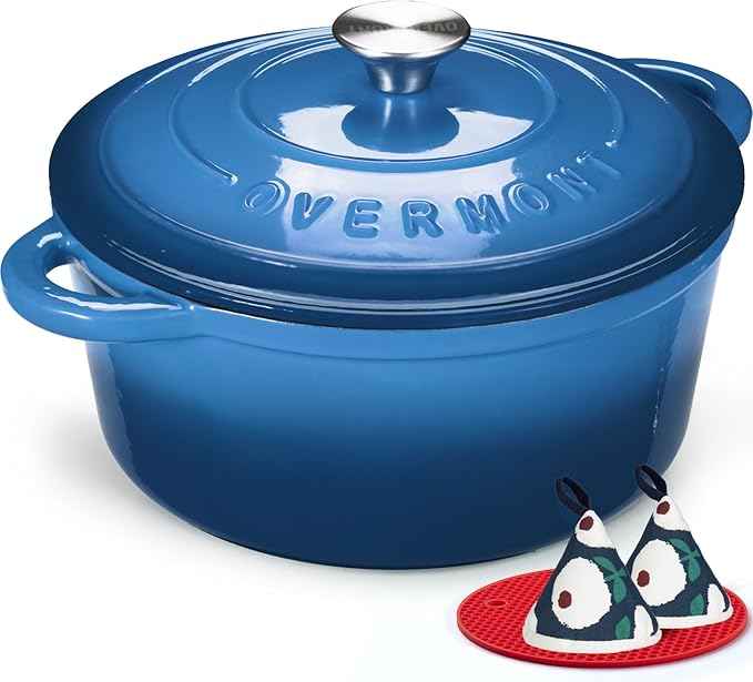 Overmont Enameled Cast Iron Dutch Oven - 7QT Pot with Lid Cookbook & Cotton Potholders - Heavy-Duty Cookware for Braising, Stews, Roasting, Bread Baking blue