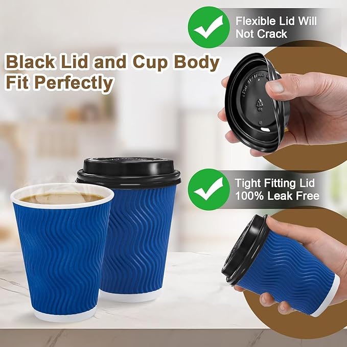 100 Pack Coffee Cups with Lids 16 oz, Disposable Insulated Ripple Wall To Go Paper Coffee Cups for Hot/Cold Drinks Office Home Shop Event (Navy)