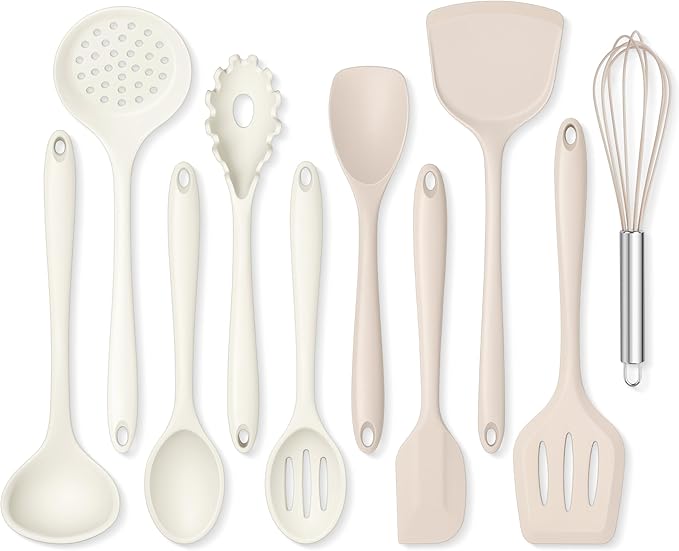 Onader Kitchen Cooking Utensils Set, 10 Pcs Silicone Non Toxic Cooking Utensils Set, Heat Resistant & Nonstick Cookware Friendly - 2 Mixed Color (Khaki & White)