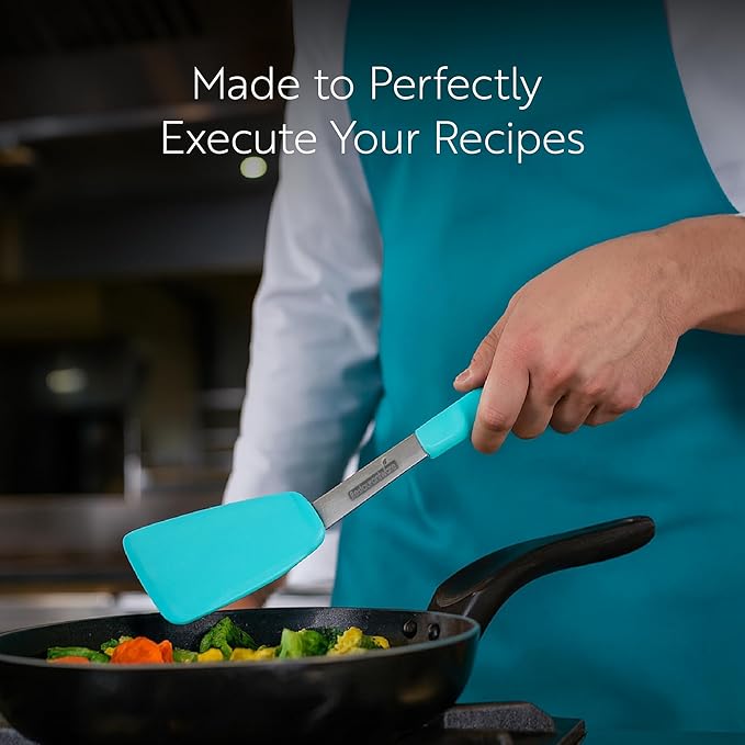 Comfy Grip 13.3 x 4 Inch Silicone Turner, 1 Durable Cooking Turner - Stainless Steel Body, Rubber Handle with Hole, Black Silicone Flipper Spatula, Tolerates up to 446F, Dishwashable - Restaurantware