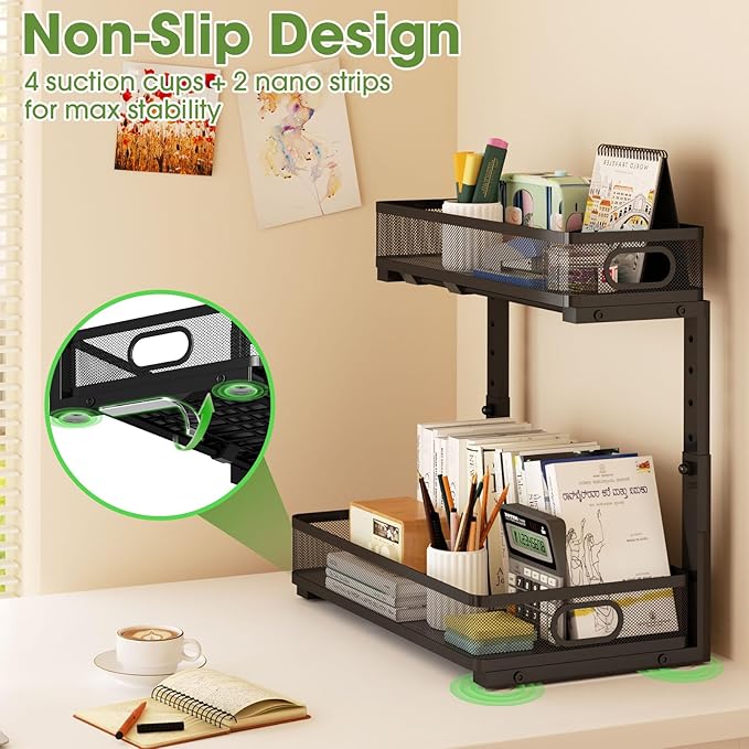 Under Sink Organizer 4-Pack, Metal 2-Tier Pull-Out Cabinet Shelf with Slide-Out Mesh Drawers, Height Adjustable, Space-Saving Storage Racks for Kitchen, Bathroom, Laundry Room