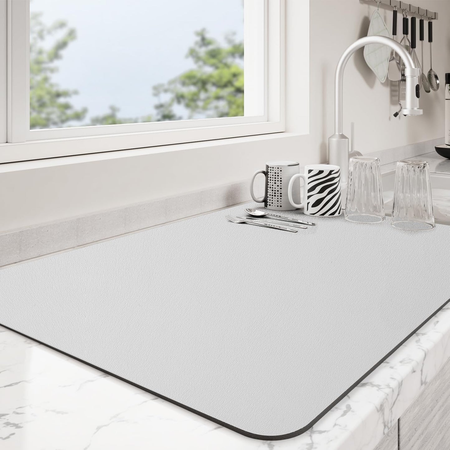 Dish Drying Mat for Kitchen Counter | Coffee Bar Mat for Countertops | Heat Resistant Drainer Mat with Non-slip Rubber Backed | Hide Stain Kitchen Absorbent Draining Mat | Light Grey 18"x28"