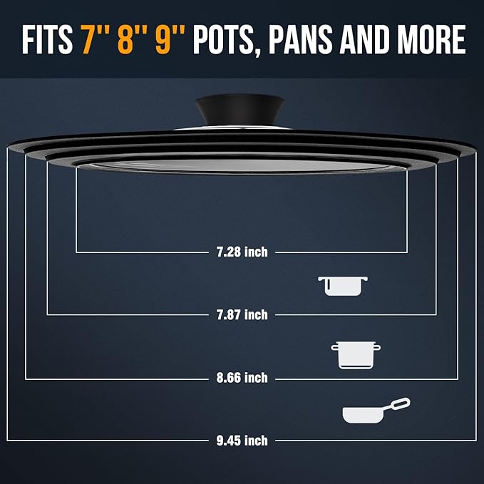 Universal Lid for Pots, Pans and Skillets Fits 7", 8" and 9" Diameter Cookware - Walfos Tempered Glass Pan Lid with Heat Resistant Silicone Rim, Multi-purpose BPA Free Pot Lids, Dishwasher-Safe, Black