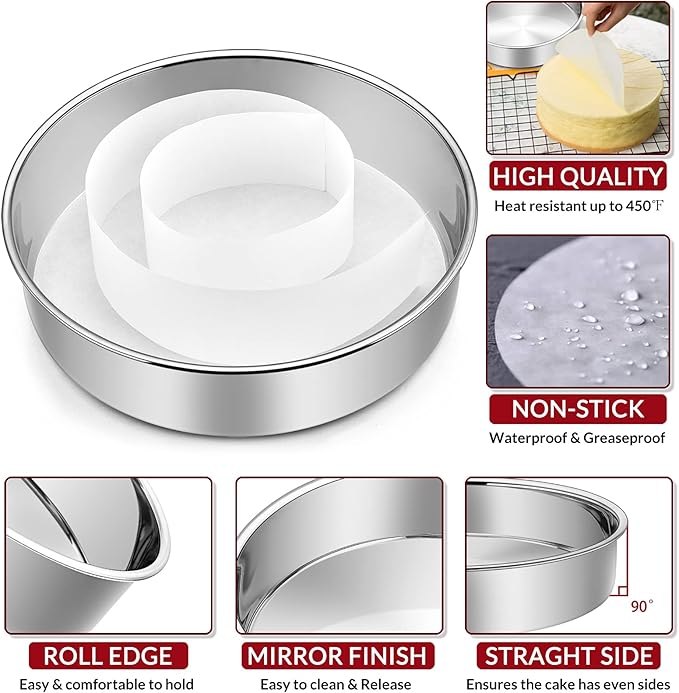 E-far 9½ Inch Cake Pan Set of 2, Stainless Steel Round Layer Cake Baking Pans with Parchment Rounds & Side Liner Roll, Non-Toxic & Healthy Metal Cakes Tin, Straight Side & Dishwasher Safe