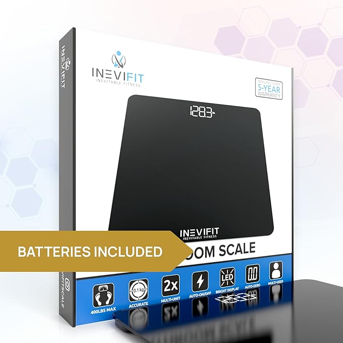 INEVIFIT Bathroom Scale, Highly Accurate Digital Bathroom Body Scale, Measures Weight up to 400 lbs. Includes Batteries