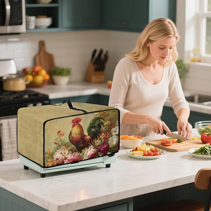 Air Fryer Toaster Oven Dust Cover Dust Protection Countertop Convection Oven Cover Stain-resistant Kitchen Appliance Protector, M, Chicken Rooster Vintage Floral